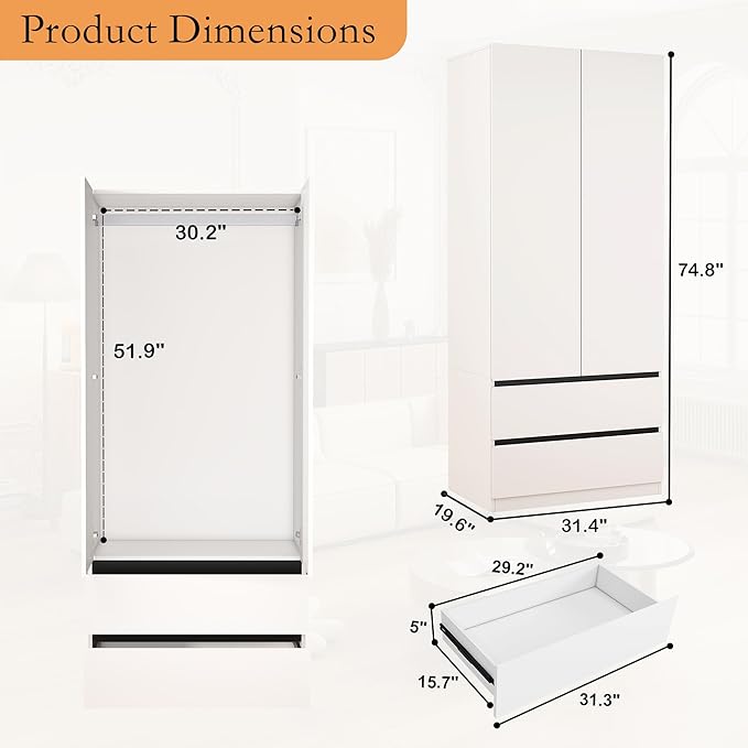 Armoire Wardrobe Closet with Drawers：75" Large White Wardrobe Closet Cabinet with 6 Doors for Hanging Clothes, Modern Wooden Bedroom Armoires with 5 Drawers and Storage (A+B+C, 94.5")