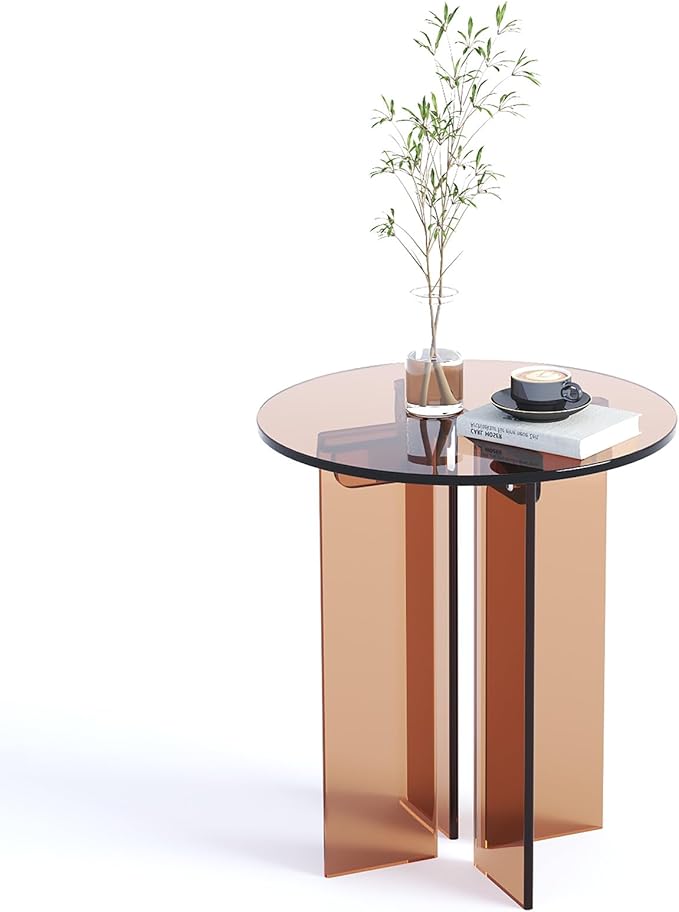 Acrylic Small Coffee Table, Round Accent End Table, Minimalist Bedside Nightstand, Side Tables Living Room, Bedroom Office Indoor Home Decor, Brown