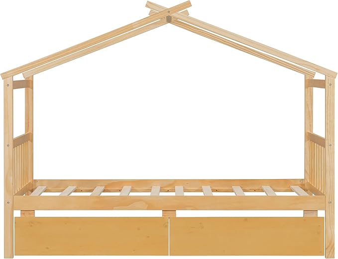 Merax Twin Size Wooden House Bed with Two Drawers, Wood Bed Frame with Roof for Kids, Teens, Boys or Girls, Natural