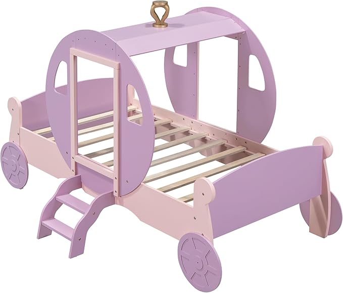 Twin Size Princess Carriage Bed Frame for Boys Girls Kids Toddler with Crown, Wood Platform Car Bed with Stair, Purple+Pink