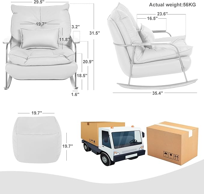 ZYZ Rocking Chair with Ottoman and Pillow, Mid-Century Modern Recliner, Reclining Nursery Rocker, Wood Armchair, 25° Rocking Motion, Lazy Sofa for Living Room Bedroom Balcony, PU Leather (Creamy Grey)
