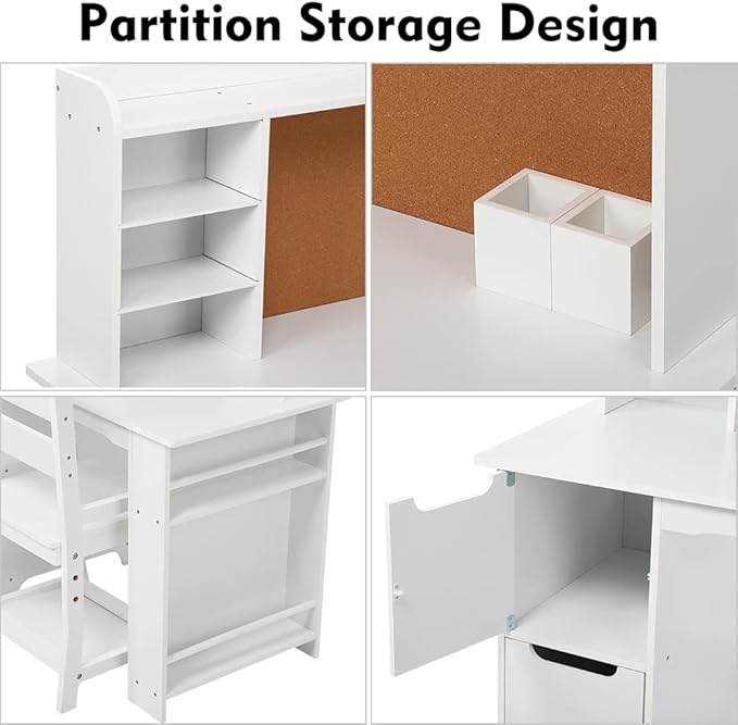 White Study Desk and Chair Set with Bookshelf, Bulletin Board, and Cabinets - Ideal for Boys and Girls Ages 3-8