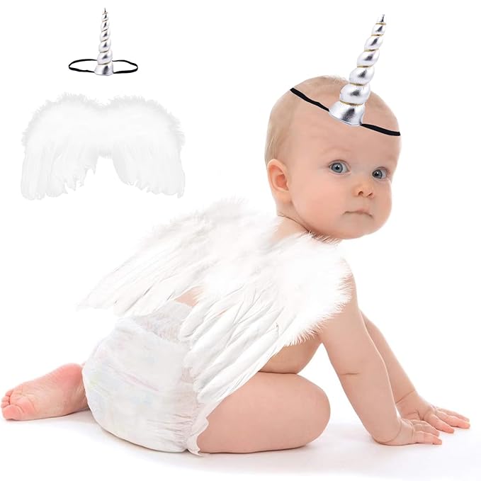 2PCS White Angel Wings With Silver Unicorn Headband For Newborn Infant Photography Props Soft Fairy Feather Wings For Toddlers Kids Girls Gifts(Color E, One Size)