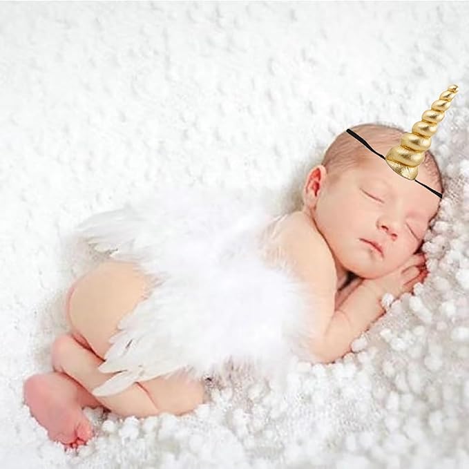 2PCS White Angel Wings With Gold Unicorn Headband For Newborn Infant Photography Props Soft Fairy Feather Wings For Toddlers Kids Girls Gifts(Color D, One Size)