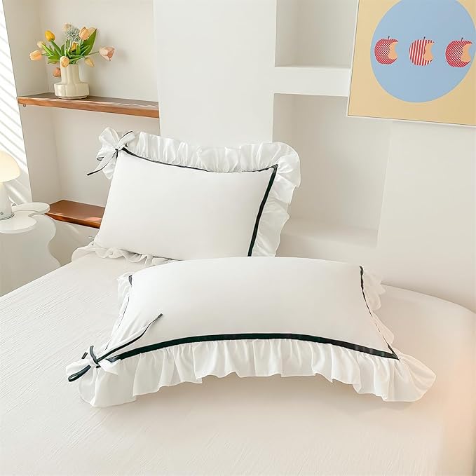 Ruffled Bedding Bow Duvet Cover Set with Butterfly Tie, Soft Brushed Microfiber Shabby Chic Bedding Set with Zipper Closure for Kids Girls-White,Full