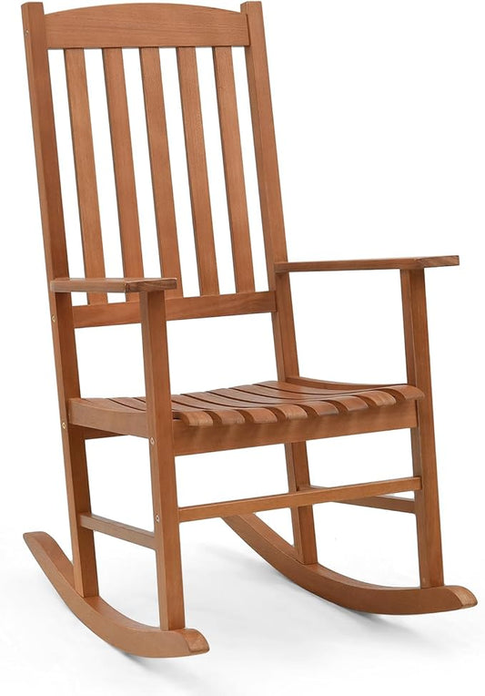Giantex Wood Outdoor Rocking Chair - Eucalyptus Rocker Chair with Stable & Safe Rocking Base, High Backrest, Slatted Patio Rocker for Garden, Poolside, Courtyard Outdoor Rockers, Porch Rocker (1)