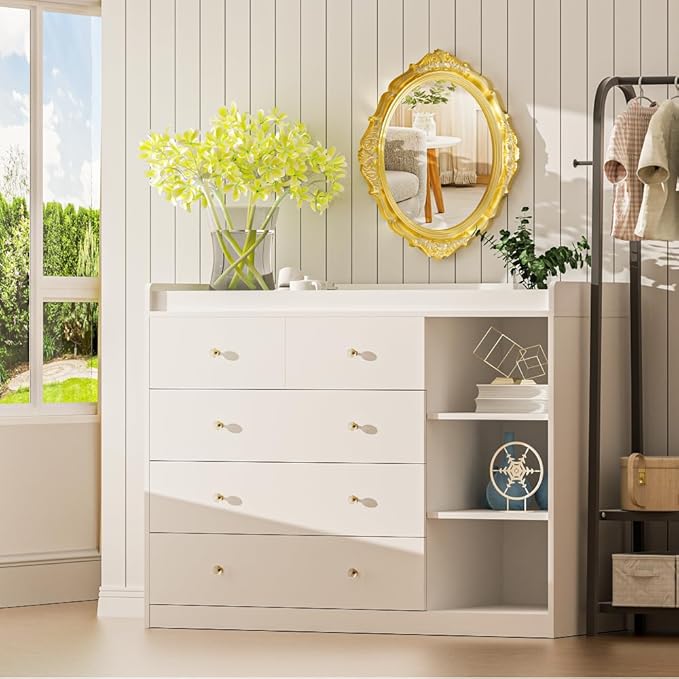 Diaper Changing Station Nursery Organizer Baby Classic Nursery Dresser with 5 Drawers and 3 Shelves Multi-Functional Baby Changing Table with Storage Modern (White)