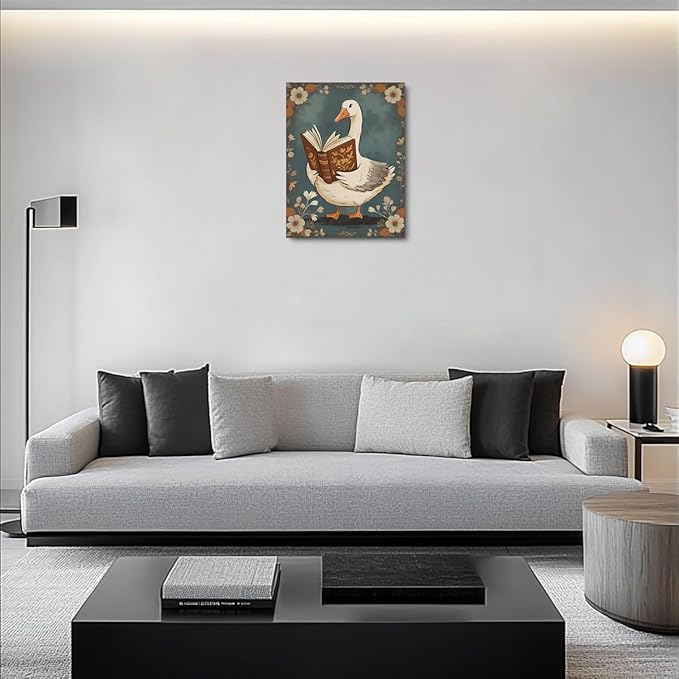 Vintage Framed Goose Wall Art Watercolor Print Book Lovers Gifts Bookish Gifts Wall Decor Canvas Wall Art Framed Prints Artwork Posters for Living Room Kitchen Bathroom Decorations 11.5X14.5 Inch