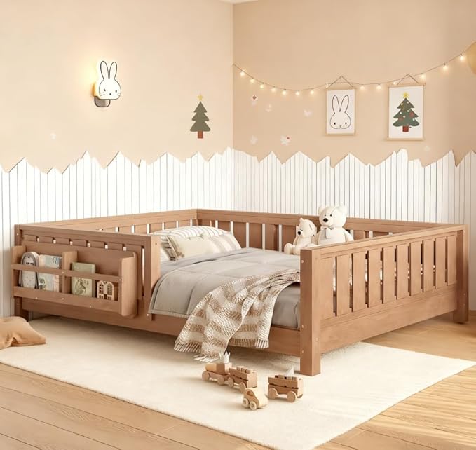 Bellemave Full Size Floor Bed with high Rails and with Built-in Bookshelf for Kids, Girls, Boys, Wood Montessori Floor Bed Without Door, Natural