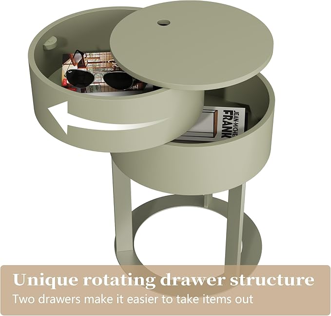 Round Side Table with Hidden Storage Drawers, Modern Nightstand with Swivel Drawer, Minimalist Bedside Table for Bedroom, Living Room, Green