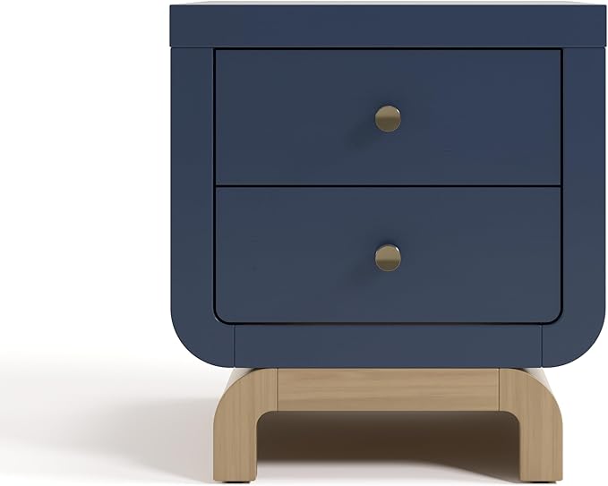 Storkcraft Santorini 2 Drawer Nightstand (Midnight Blue & Driftwood) - GREENGUARD Gold Certified Nightstand for Kids Bedroom, Premium Wood with Curved Base, “Champagne” Metal Knobs