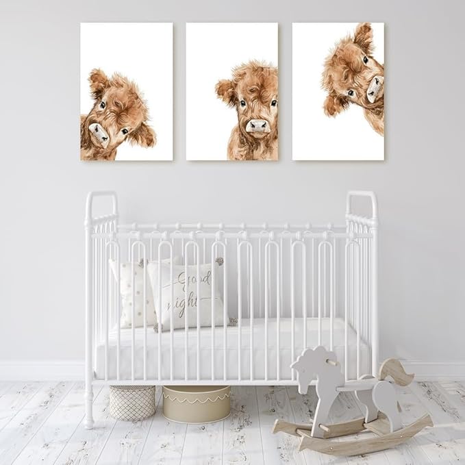 Peeking Cow Nursery Wall Art, Cute Highland Cow Print, 3 Piece Watercolor Baby Animal Nursery Wall Decor, Farmhouse Picture for Baby Boy Girl Room Decor, Framed Canvas Set, 12"x16"x3
