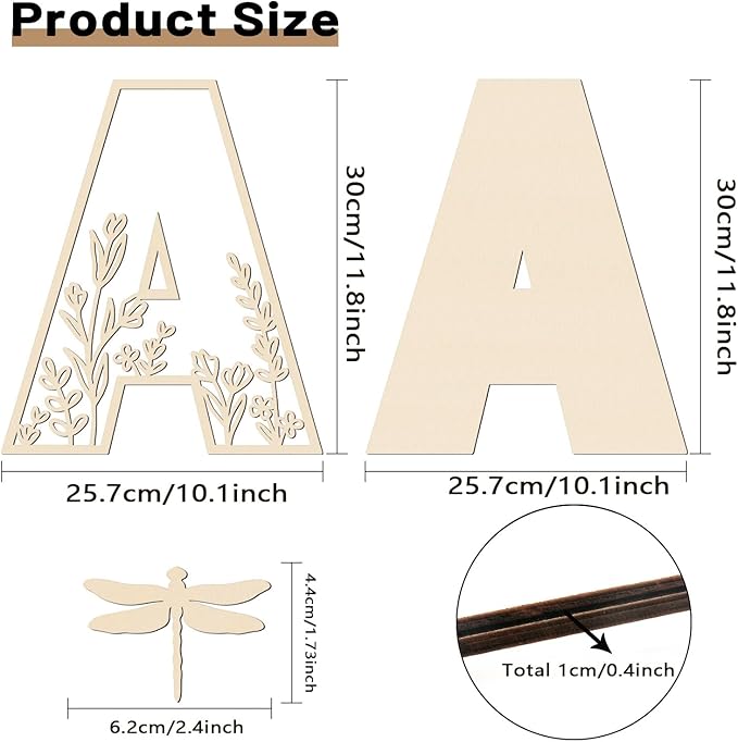 Layered 12 Inch Large Wooden Letters for Wall Decor, Flowered Paintable Wooden Nursery Letters for Crafts Wood Alphabet Letter A for Birthday Boho Nursery Name Sign Wedding Home Decoration