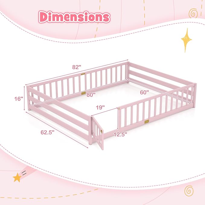KOMFOTT Queen Size Wood Floor Bed with Door & Fence, Montessori Bed Frame with Full Length Safety Guardrails, Door & Latch, Wooden Montessori Floor Bed for Kids, Girls, Boys (Queen,Pink)