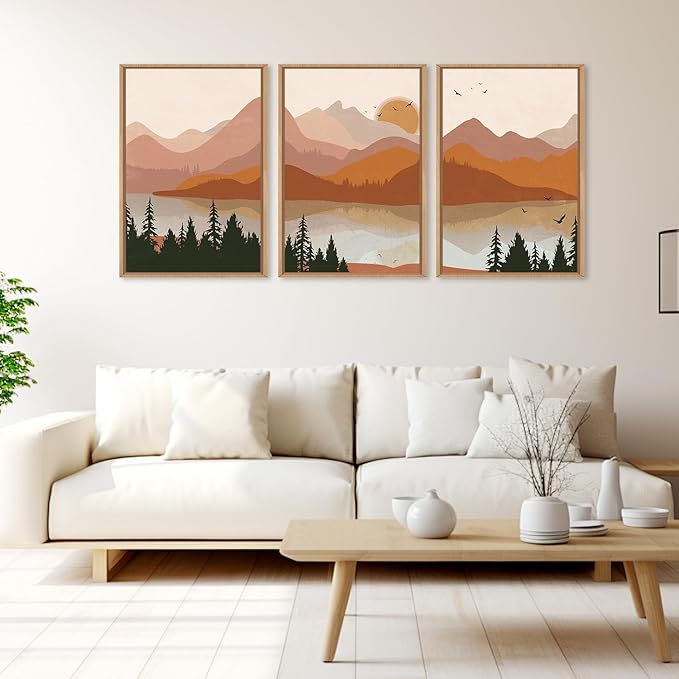 HLNIUC Boho Mountain Burnt Orange Wall Art Framed, Mid Century Modern Terracotta Wall Decor 24x36, Southwest Sunset 3 Piece Canvas Painting, Large Nature Picture for Living Room, Bedroom, Office