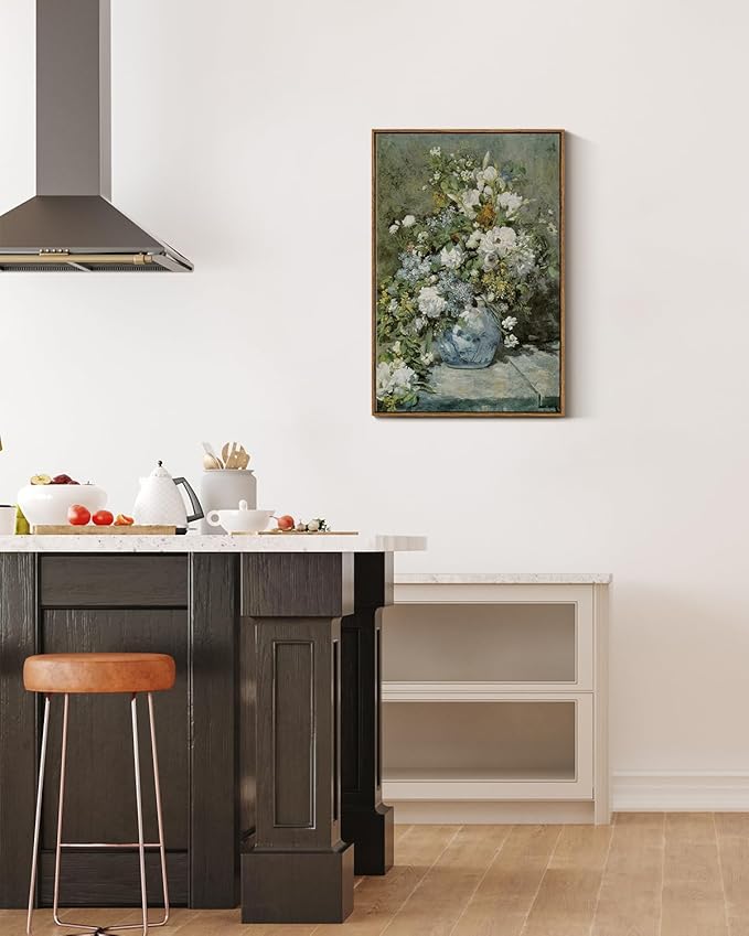 ARPEOTCY Floral Framed Canvas Print Wall Decor, Vintage French Flower Large Wall Art Home Decor, Ceramic Vase Floral Oil Painting for Living Room, Office Decoration, 20x30 inch