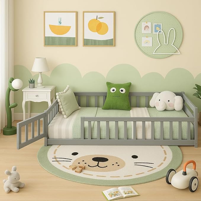 Giantex Twin Floor Bed with Fence for Kids, Wooden Montessori Bed Frame with Lockable Door & Guardrails, Low Floor Beds for Kids, Boys, Girls, No Box Spring Needed, Without Wood Slats, Grey