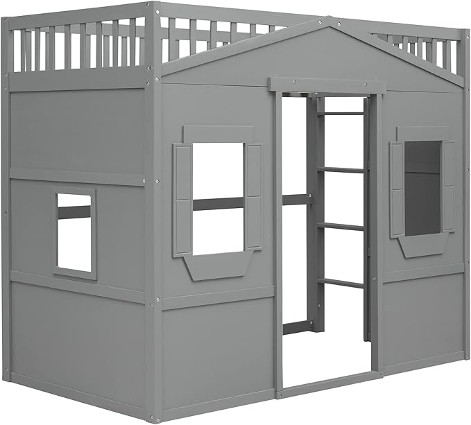 Twin Size Loft Bed with Safety Guardrail for Kids Boys Girls, Playhouse Design Solid Wood Loft Bed Frame with Ladder and Windows, Strong Wood Slats Support, Space-Saving (Gray)