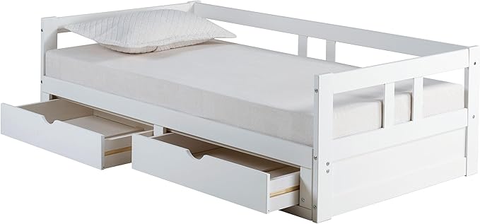 Alaterre Furniture Melody Twin to King Extendable Daybed with Trundle and Storage Drawers – Solid Pine Wood Kids Bed Frame with Headboard – Guest Bed for Boys, Girls, Toddlers, or Teens (White)