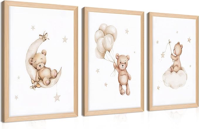 Framed Teddy Bear Wall Art Nursery Decor Set of 3, Bear Sleeping on The Moon and Stars Pictures Canvas, Neutral Bears Poster Prints Wall Decor for Kids Baby Room Girls Children Room – 16x24 inch