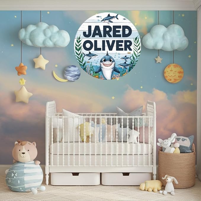Personalized Name Signs for Kids Room, Shark Sign for Baby Door Decor, Newborn Gifts for Boy, Boys Nursery Wall Bedroom Decorations, Mother's Day Gifts for New Mom Dad Gift