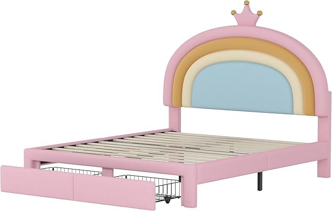 LUMISOL Cute Bed Frame for Kids, Rainbow Design Upholstered Platform Bed, Full Size Velvet Princess Bed with Drawer, Full Size Pink Girls Bed