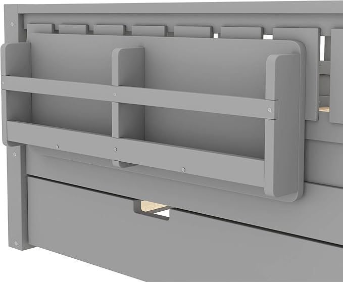 Bellemave Full Size Kids Bed with high Rails and with Built-in Bookshelf and Trundle for Kids, Girls, Boys, Wood Montessori Bed Without Door, Gray