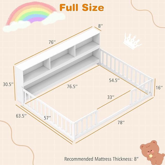 Giantex Full Size Floor Bed for Kids, Wooden Montessori Bed Frame with Bookcase, Storage Shelves & Safety Fence Rails, Floor Beds Full for Girls, Boys, No Box Spring Needed, Without Slats, White