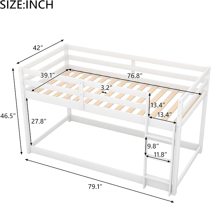Merax Solid Wood Low Bunk Bed Frame for Kids/Toddlers/Junior, with Built-in Ladder, High Guardrail and Slats, Floor Bed Bottom Bunk, No Box Spring Needed, for Small Spaces, Twin-Over-Twin, White