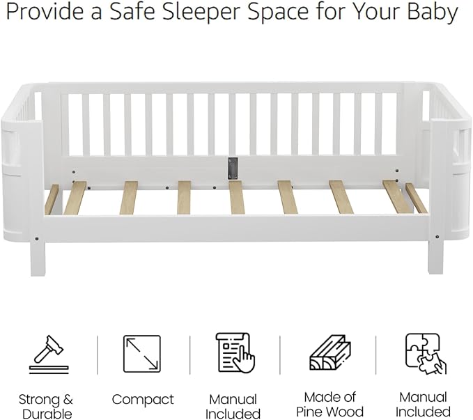 Twin Size Montessori Bed with Guardrails, Wood Kids Bed Frame with Slats Support, Low to Ground Modern Baby Bed with Removable Side Rails for Boys Girls Bedroom Living Room, White