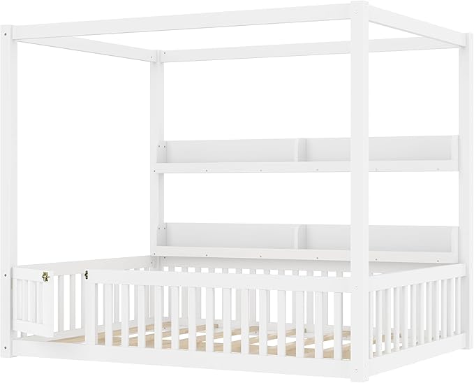 Bellemave Canopy Floor Bed Full Size with Safety Fence and Bookcase,Built in Four Poster Design,Full Montessori Floor Bed Frame for Toddlers,Kids,Boys,Girls,No Spring Box Needed（Full,White）