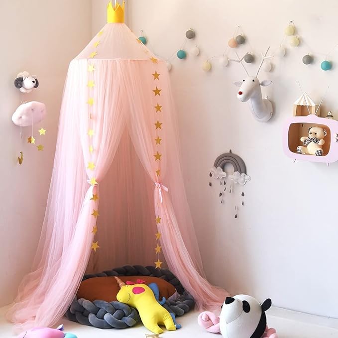 Bed Canopy for Girls, Canopy for Girls Room with Stars Decor, Dreamy Crib Canopy for Girls-Soft, Flowy & Easy to Install-Princess Canopy for Girls Bed, Reading Nook, Crib, Pink