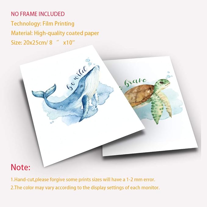 LONLONBANG Funny Watercolor Ocean life Quotes Art Print, Picture Poster for Nursery Kids Girls Bedroom Bathroom Home Decor, Sea turtle sea horse jellyfish whale, Set of 4 8X10 inch, No Frame