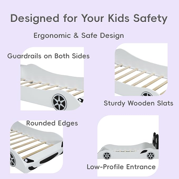 Kids Car Bed Frame Twin Size Car-Shaped Platform Bed with LED Lights and Upholstered Backrest, Solid Wood Car Bed Frame with Wheels and Guardrails for Boys Girls, White