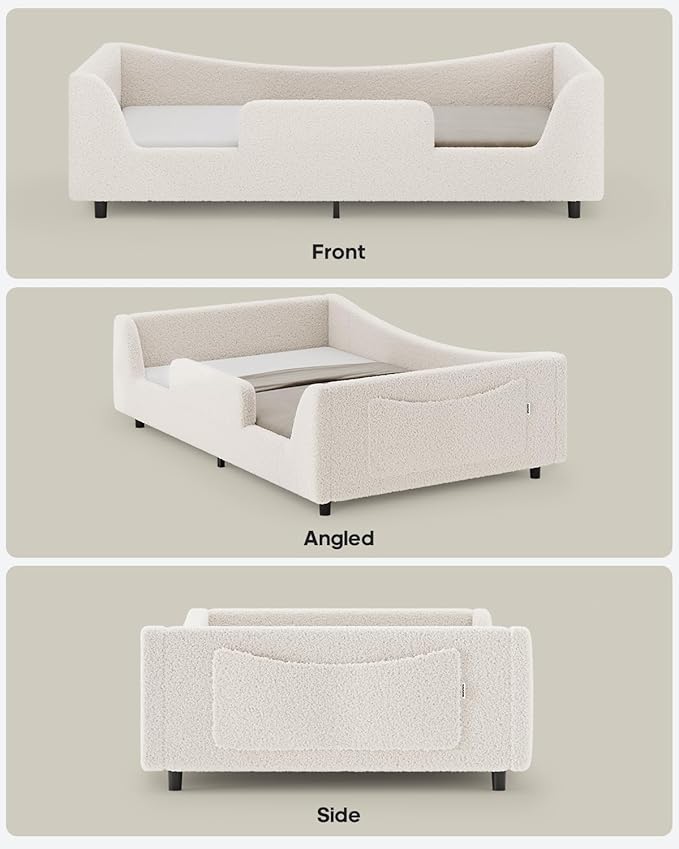Twin Floor Bed, Low Montessori 2-in-1 Beds, with Slats and High Rails, Upholstered Teddy Boucle, Curve Round Frame for Girls and Boys, No Box Spring Needed, Easy Assemble, Beige (Twin)