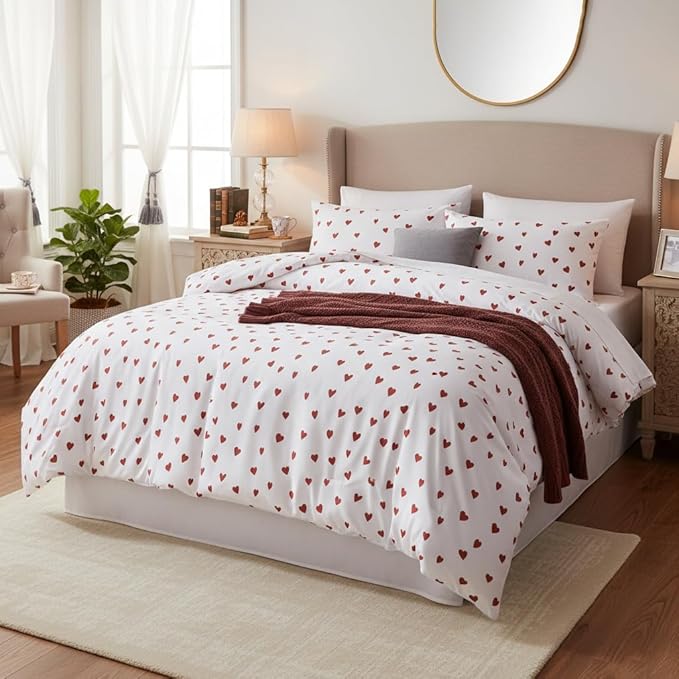 Nayoroom Heart Comforter Set Twin Size Kawaii Red Heart Pattern Comforter Kids Girls Cute Heart-Shaped 2Pcs Soft Lightweight Bedding Set for All Seasons (1 Comforter, 1 Pillowcase)
