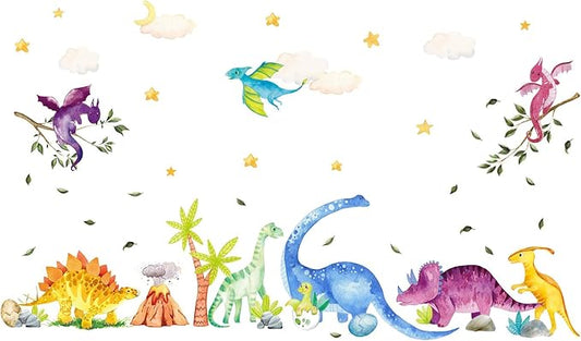 Watercolor Dinosaur Wall Decals, Cartoon Cute Dino Volcanic Wall Stickers, Peel and Stick Star Cloud Wallpaper for Baby Nursery Boys Bedroom Playroom Wall Decor