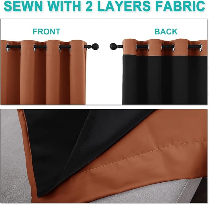 NICETOWN 100% Blackout Short Curtains with Black Liners, 2 Panels, 37" W by 50" L, Burnt Orange, Solid Thermal Insulated Full Blackout 2-Layer Lined Drapes, Energy Efficiency Window Drapes for Bedroom