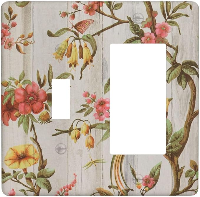 Flowers Bird Tree Retro Spring Floral Branch 2 Gang Light Switch Cover Decorative Combination Wall Plate Oriental Chinese Landscape Drawn Single Toggle Rocker Electrical Faceplate for Kitchen Home