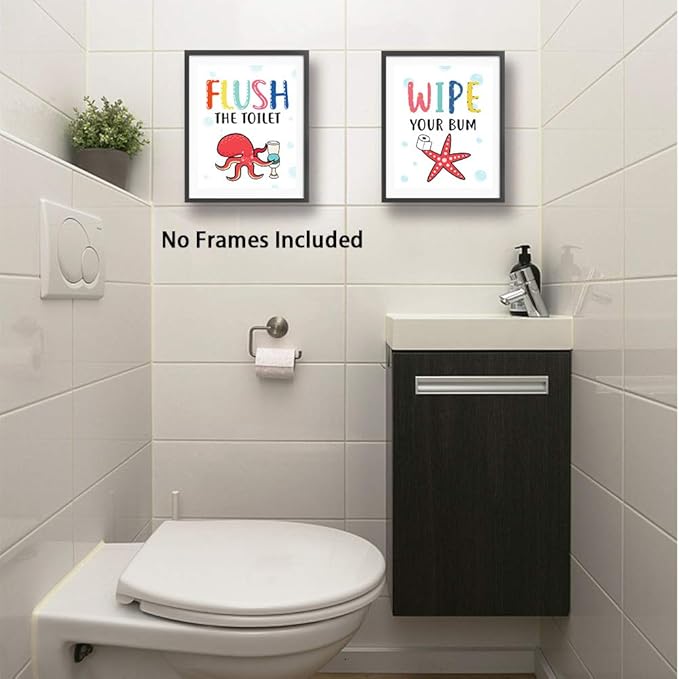 Funny Colorful Cartoon Sea Life Themed Bathroom Inspirational Quotes Art Print Humorous Quotes Painting, Toilet Rules Art Picture for Children Washroom Bathroom Decor, Set of 4 8X10 inch, No Frame
