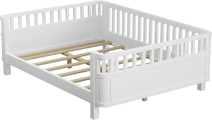 Ball & Cast Twin Size Toddler Bed W/LED Light,Metal Bed W/Linen Fabric Upholstered Storage Headboard,Platform Bed Frame W/Safety Guardrails & Low Profile Design,for Boys Girls,Black