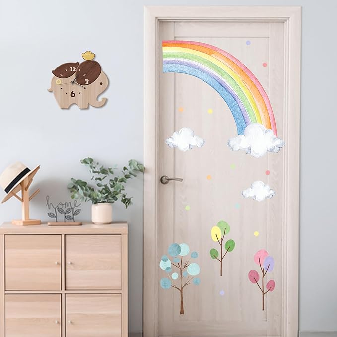 Mfault Watercolor Rainbow Wall Decals Stickers, Pastel Cloud Tree Polka Dots Baby Nursery Decor Bedroom Art, Cute Kids Toddler Room Playroom Home Decorations