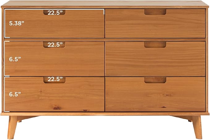 Walker Edison Sloane 6-Drawer Groove Handle Solid Wood Dresser, 52 Inch, Caramel