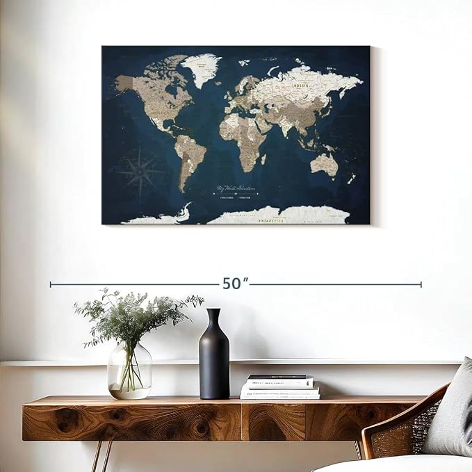 ElephantStock - My World Adventures Push Pin Travel Map I Wall Art - Horizontal Canvas Wall Art - Living Room Wall Decor - Printmaking Map Canvas Art - Blue And Beige Decor - 36" x 24"
