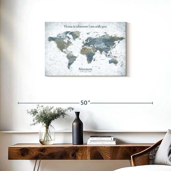 ElephantStock - Home With You II Push Pin World Map Wall Art - Horizontal Canvas Wall Art - Living Room Wall Decor - Digital Art Map Canvas Art - Blue And Gray Decor - 30" x 20"