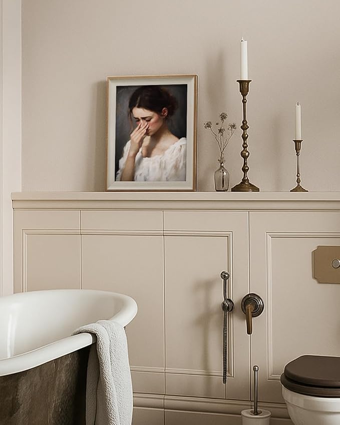 Framed Canvas Wall Art, 12x16 Inch Vintage Inspired Portrait of Woman with Subtle Humor, Classic Oil Painting Style Funny Bathroom and Bedroom Decor
