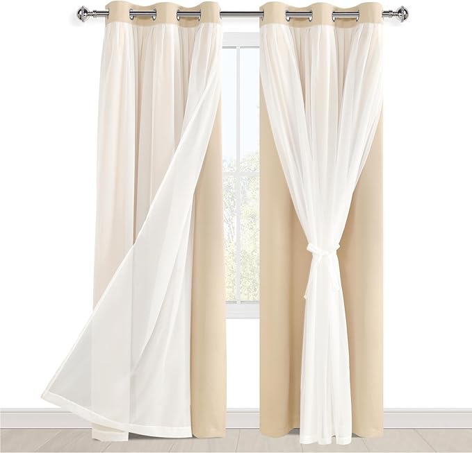 Hiasan Blackout Curtains with Sheer Overlay, Thermal Insulated Mix & Match Double Layer Room Darkening Curtains for Bedroom, Living Room, Nursery, 2 Window Panels Sewn with Tiebacks, Beige, 38W X 84L