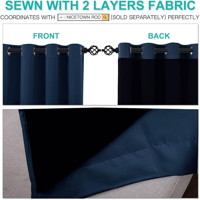 NICETOWN 100% Blackout Curtains with Black Liners, Thermal Insulated 2-Layer Lined Drapes, Energy Efficiency Small Window Draperies for Dining Room (Navy Blue, 2 Panels, 52 inches W by 45 inches L)