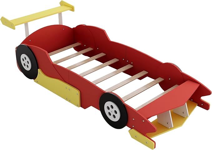 Twin Size Race Car-Shaped Platform Bed Bedframe with Wheels 98.7" L x 41.7" W x 26.5" H, Red