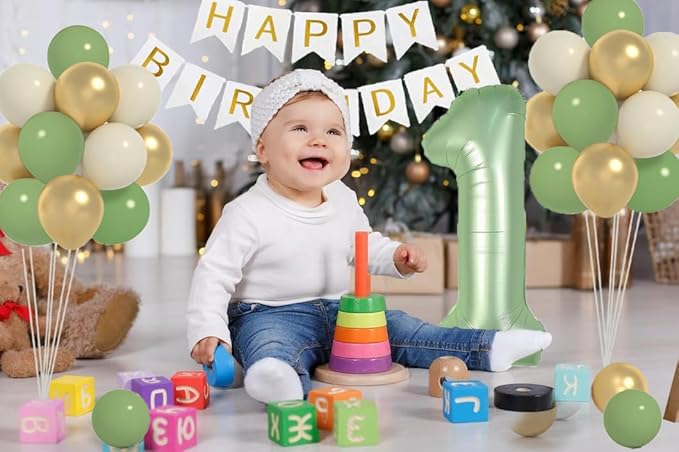Sage Green First Birthday Decorations For Boys, 40inch Olive Green Number 1 Balloon And Happy Birthday Banner Set With 12inch Sage Green Cream Metallic Gold Balloons For Kids 1st Birthday Decorations